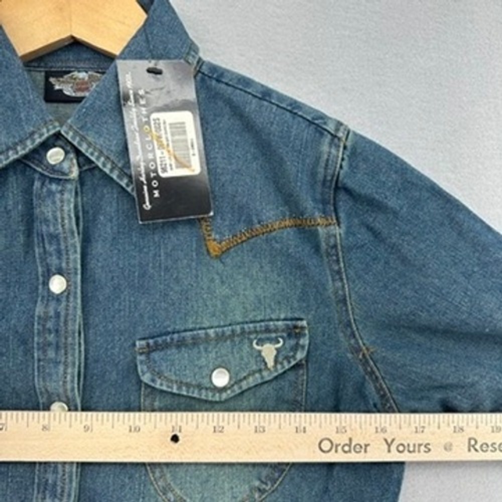 VTG Y2K Harley-Davidson Western Pearl Snap Denim Shirt Blue Embroidered XS (XXS) - Picture 6 of 8